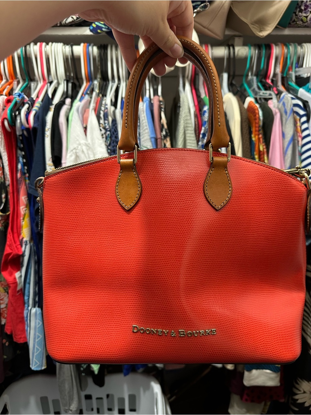 Dooney & Bourke Orange Textured Leather Satchel with Tan Handles